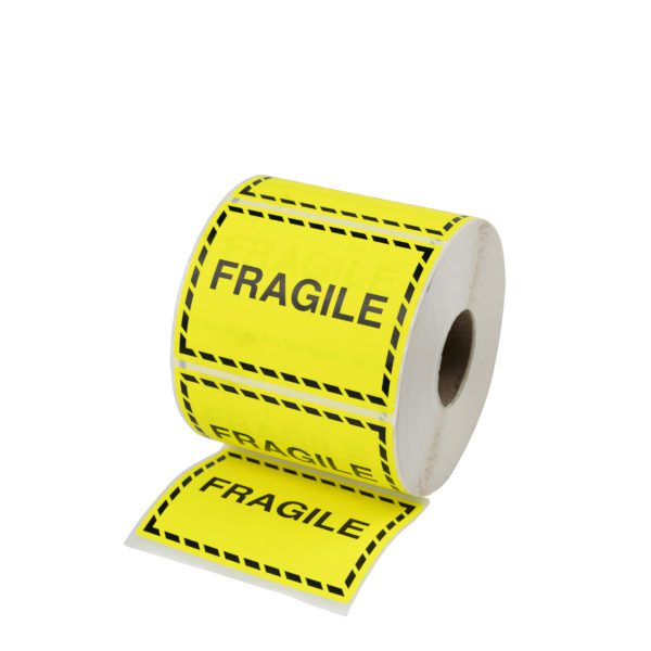 100x75 Fluro Yellow Paper Label Printed in black FRAGILE